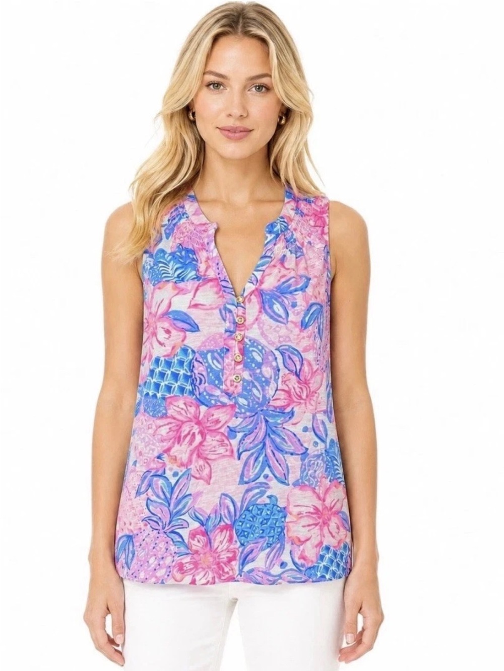 Lilly Pulitzer Sleeveless Floral Henley Cover-Up in Pink & Blue